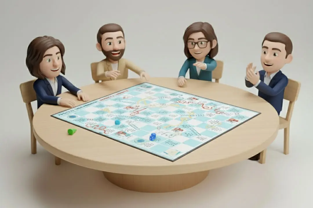 Process Management Snakes and Ladders game with animated characters sitting at a table